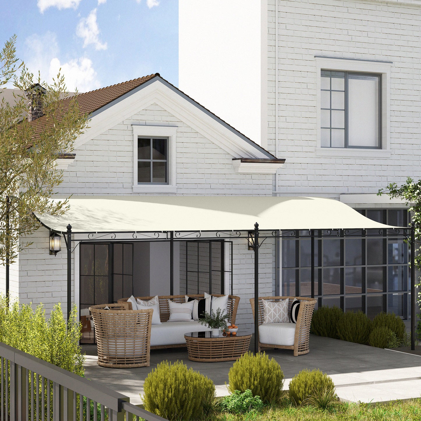 10フィート x 20フィート 壁掛け式 屋外パーゴラ キャノピー 金属製パティオキャノピー 排水穴付き 裏庭ガーデン用 クリームホワイト