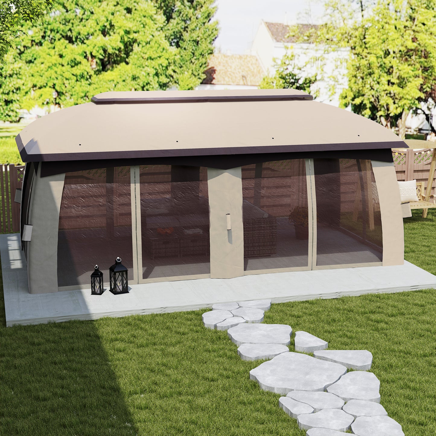 10フィート x 20フィート パティオガゼボ、屋外ガゼボキャノピーシェルター、ネット付き、ガーデン用通気口付き屋根、ベージュ