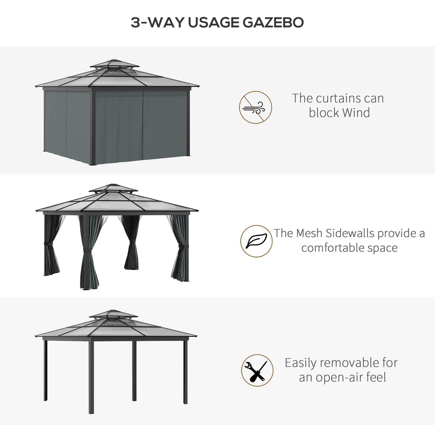 10フィート x 10フィート ハードトップガゼボキャノピー ポリカーボネート屋根 アルミフレーム 恒久的なパビリオン 屋外ガゼボ ネット付き パティオ 庭 裏庭 デッキ 芝生用 ブラック